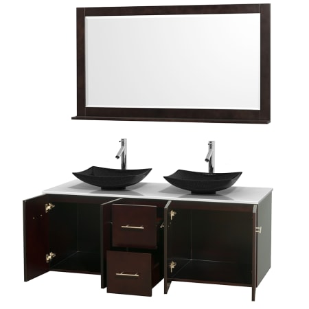 Open Vanity View with White Stone Top, Vessel Sinks, and 58" Mirror