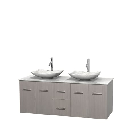 Full Vanity View with White Carrera Marble Top and Vessel Sinks