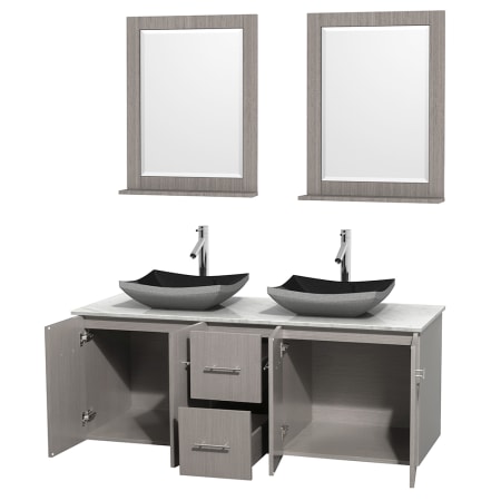 Open Vanity View with White Carrera Marble Top, Vessel Sinks, and 24" Mirrors