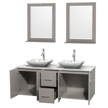 Open Vanity View with White Carrera Marble Top, Vessel Sinks, and 24" Mirrors