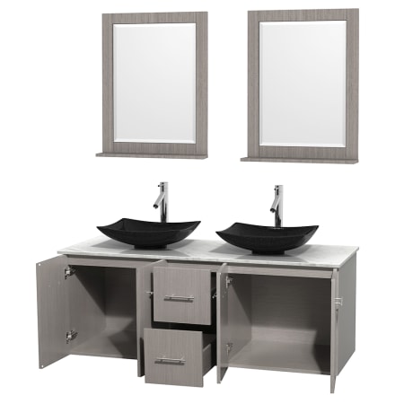 Open Vanity View with White Carrera Marble Top, Vessel Sinks, and 24" Mirrors