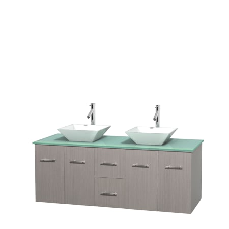 Full Vanity View with Green Glass Top and Vessel Sinks