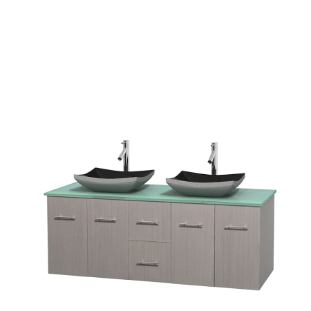 Full Vanity View with Green Glass Top and Vessel Sinks