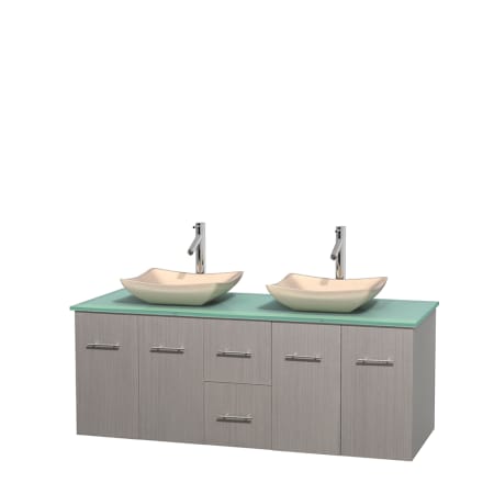 Full Vanity View with Green Glass Top and Vessel Sinks