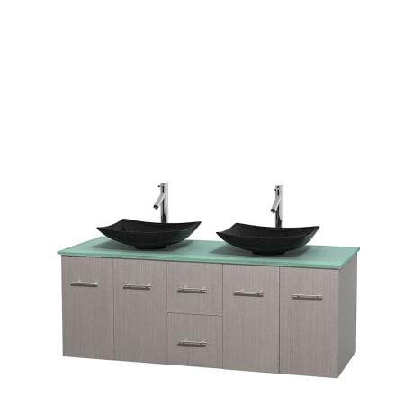 Full Vanity View with Green Glass Top and Vessel Sinks