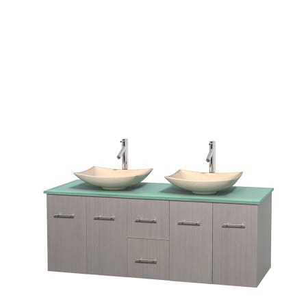 Full Vanity View with Green Glass Top and Vessel Sinks