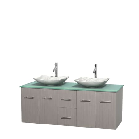 Full Vanity View with Green Glass Top and Vessel Sinks