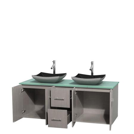 Open Vanity View with Green Glass Top and Vessel Sinks