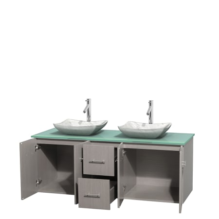 Open Vanity View with Green Glass Top and Vessel Sinks