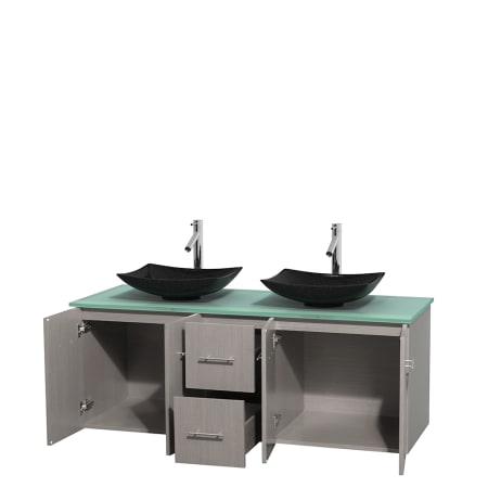 Open Vanity View with Green Glass Top and Vessel Sinks