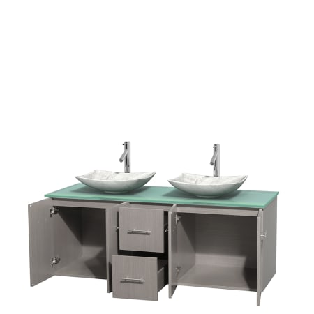 Open Vanity View with Green Glass Top and Vessel Sinks