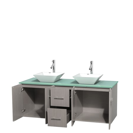 Open Vanity View with Green Glass Top and Vessel Sinks