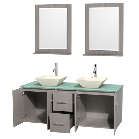 Open Vanity View with Green Glass Top, Vessel Sinks, and 24" Mirrors