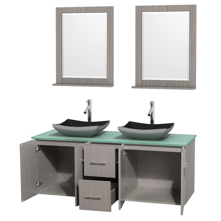 Open Vanity View with Green Glass Top, Vessel Sinks, and 24" Mirrors