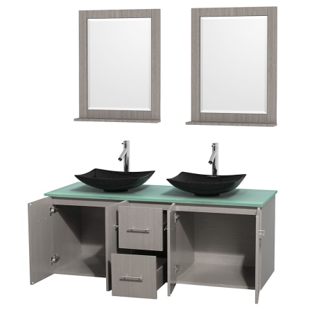 Open Vanity View with Green Glass Top, Vessel Sinks, and 24" Mirrors