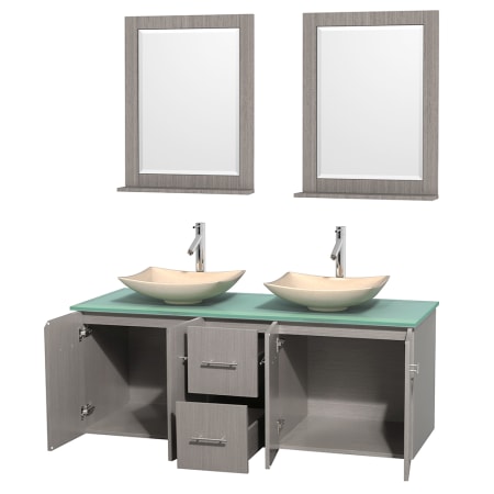 Open Vanity View with Green Glass Top, Vessel Sinks, and 24" Mirrors