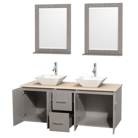 Open Vanity View with Ivory Marble Top, Vessel Sinks, and 24" Mirrors