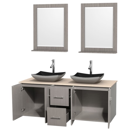 Open Vanity View with Ivory Marble Top, Vessel Sinks, and 24" Mirrors