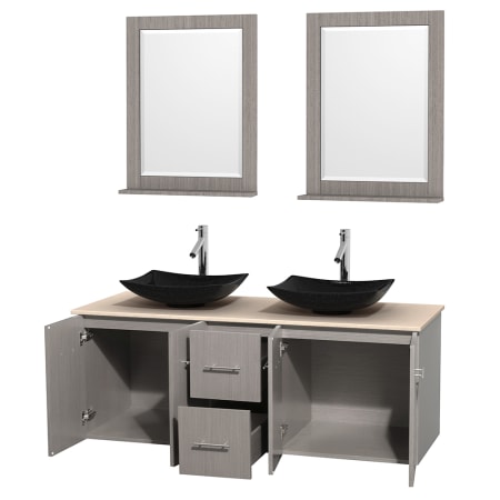 Open Vanity View with Ivory Marble Top, Vessel Sinks, and 24" Mirrors