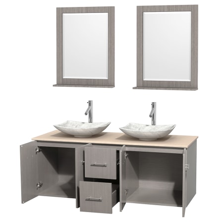 Open Vanity View with Ivory Marble Top, Vessel Sinks, and 24" Mirrors