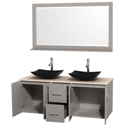 Open Vanity View with Ivory Marble Top, Vessel Sinks, and 58" Mirror