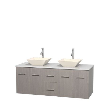 Full Vanity View with White Stone Top and Vessel Sinks