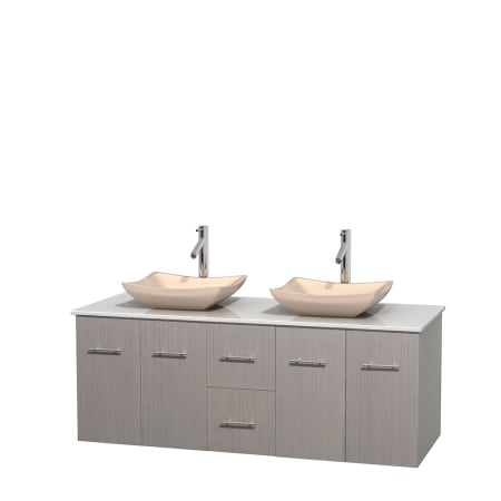 Full Vanity View with White Stone Top and Vessel Sinks