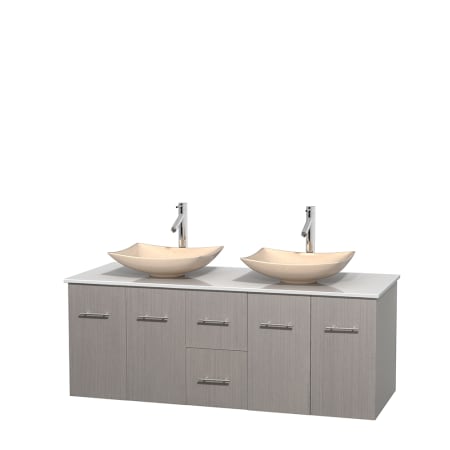 Full Vanity View with White Stone Top and Vessel Sinks