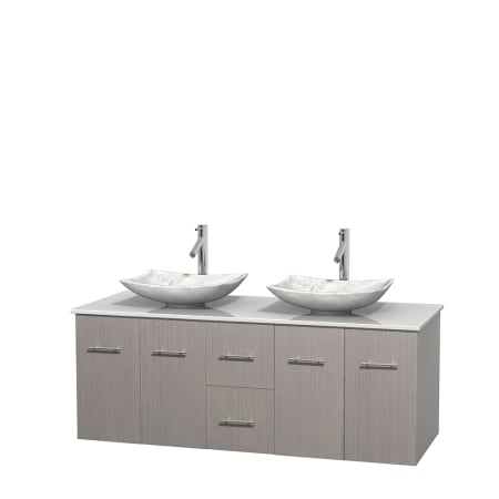 Full Vanity View with White Stone Top and Vessel Sinks