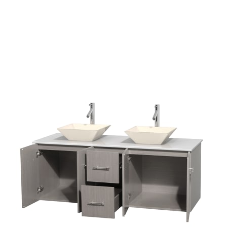 Open Vanity View with White Stone Top and Vessel Sinks