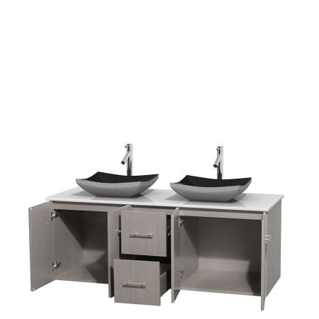 Open Vanity View with White Stone Top and Vessel Sinks