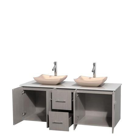 Open Vanity View with White Stone Top and Vessel Sinks