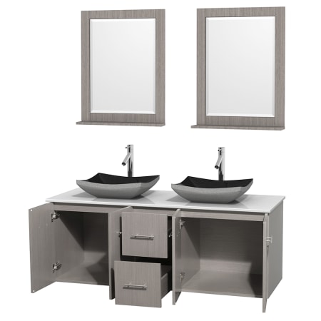 Open Vanity View with White Stone Top, Vessel Sinks, and 24" Mirrors