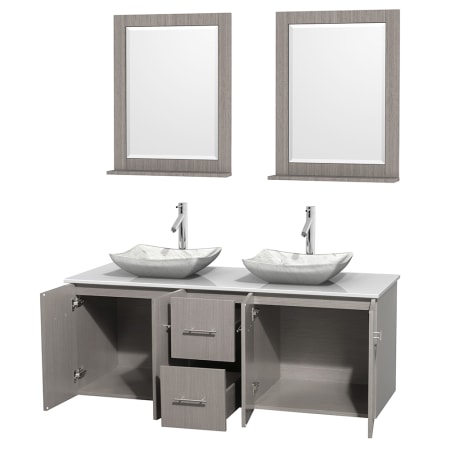 Open Vanity View with White Stone Top, Vessel Sinks, and 24" Mirrors