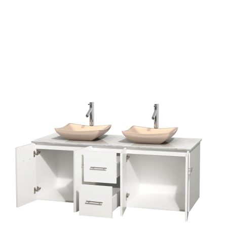 Open Vanity View with White Carrera Marble Top and Vessel Sinks