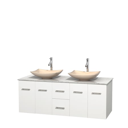 Open Vanity View with White Carrera Marble Top and Vessel Sinks