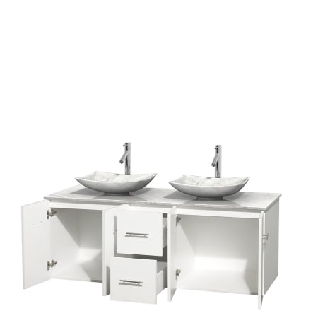 Open Vanity View with White Carrera Marble Top and Vessel Sinks