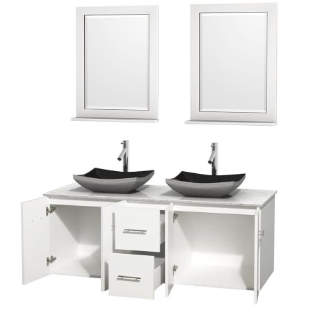 Open Vanity View with White Carrera Marble Top, Vessel Sinks, and 24" Mirrors