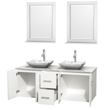 Open Vanity View with White Carrera Marble Top, Vessel Sinks, and 24" Mirrors