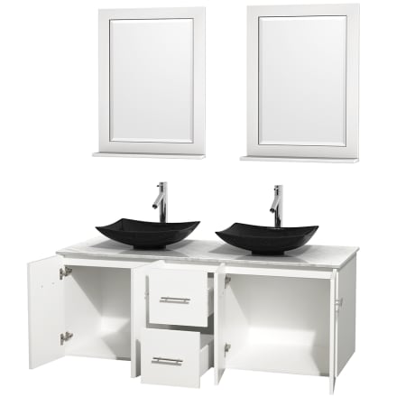 Open Vanity View with White Carrera Marble Top, Vessel Sinks, and 24" Mirrors