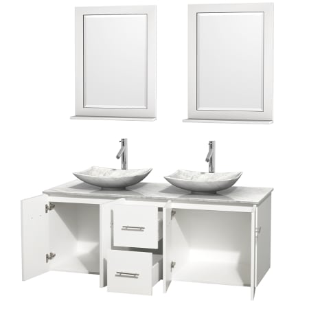 Open Vanity View with White Carrera Marble Top, Vessel Sinks, and 24" Mirrors