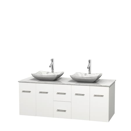 Full Vanity View with White Carrera Marble Top and Vessel Sinks