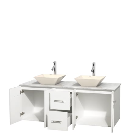 Open Vanity View with White Carrera Marble Top and Vessel Sinks