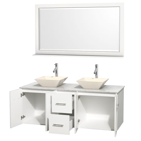 Open Vanity View with White Carrera Marble Top, Vessel Sinks, and 58" Mirror