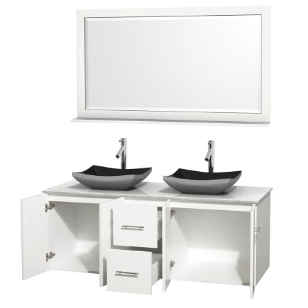 Open Vanity View with White Carrera Marble Top, Vessel Sinks, and 58" Mirror