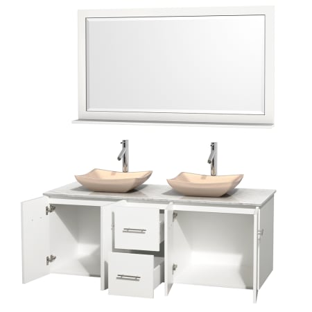 Open Vanity View with White Carrera Marble Top, Vessel Sinks, and 58" Mirror