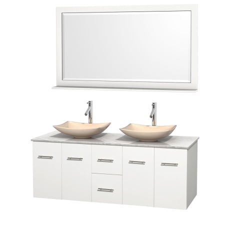 Open Vanity View with White Carrera Marble Top, Vessel Sinks, and 58" Mirror