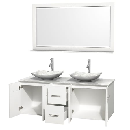 Open Vanity View with White Carrera Marble Top, Vessel Sinks, and 58" Mirror