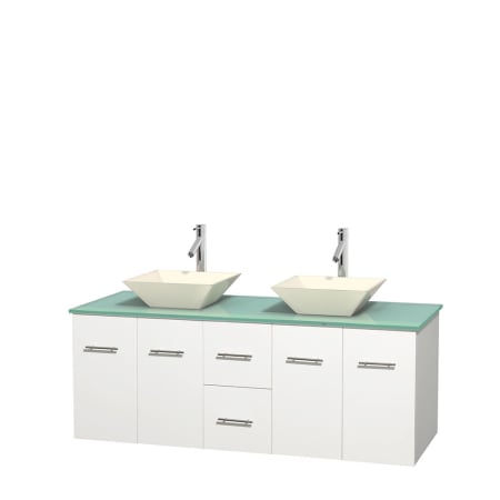 Full Vanity View with Green Glass Top and Vessel Sinks