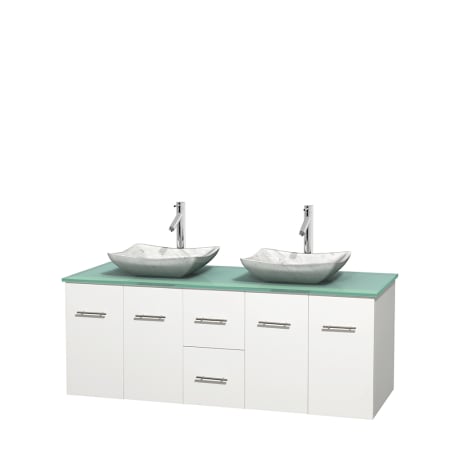 Full Vanity View with Green Glass Top and Vessel Sinks